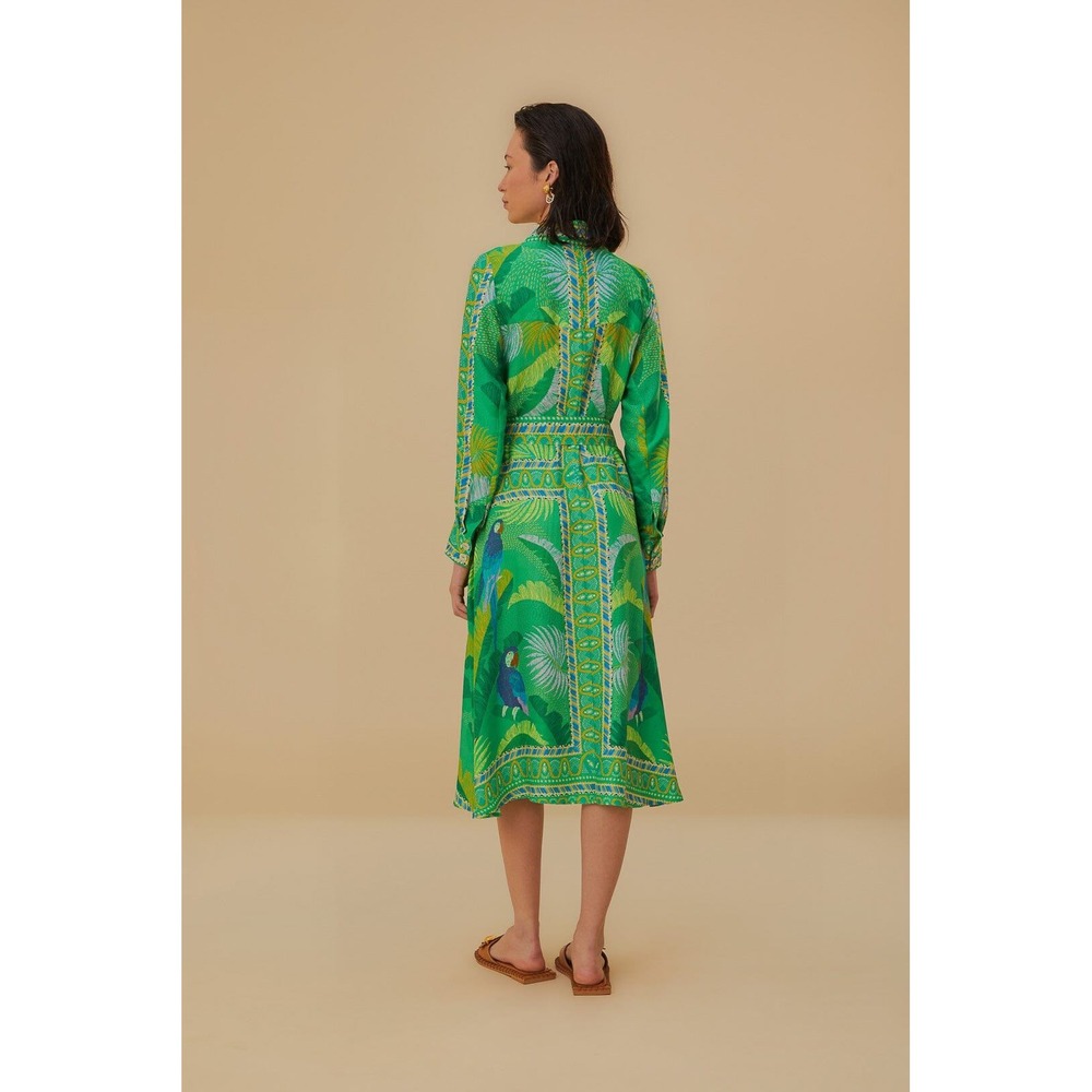 Farm Rio Macaw Scarf Chemise Tropical Parrot Green Midi Shirt Dress Belted S - Picture 7 of 14
